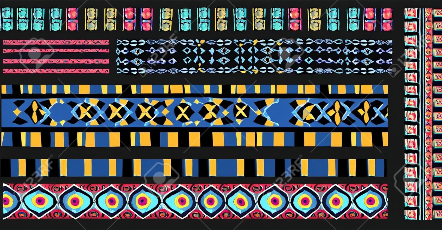 Set of ethnic art brushes in African style. The Aztec pattern. Oriental lace tape. Indian jewel. Embroidery on fabric. Asian ornament. Tribal art. The decoration of clothes. Ribbon, border.