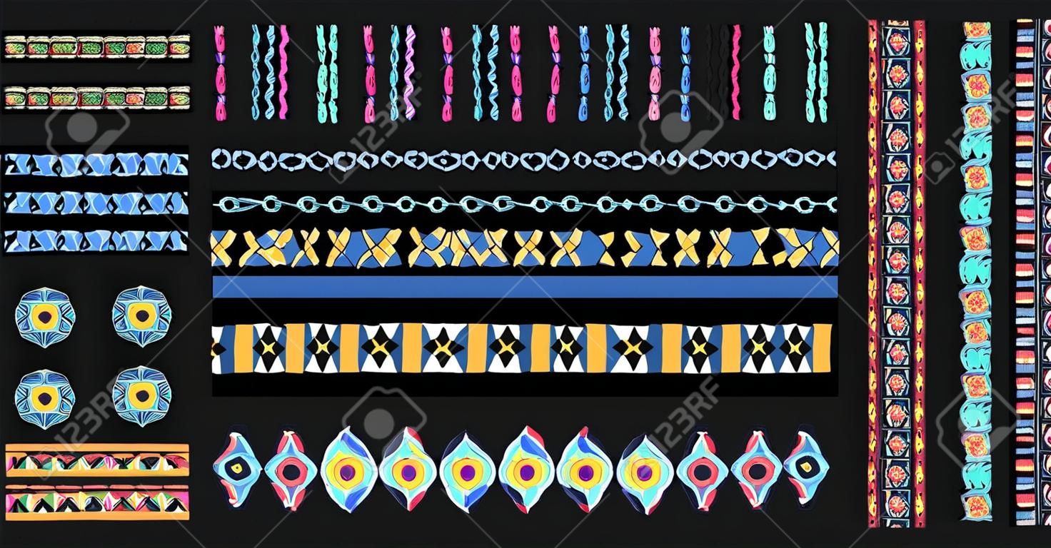 Set of ethnic art brushes in African style. The Aztec pattern. Oriental lace tape. Indian jewel. Embroidery on fabric. Asian ornament. Tribal art. The decoration of clothes. Ribbon, border.