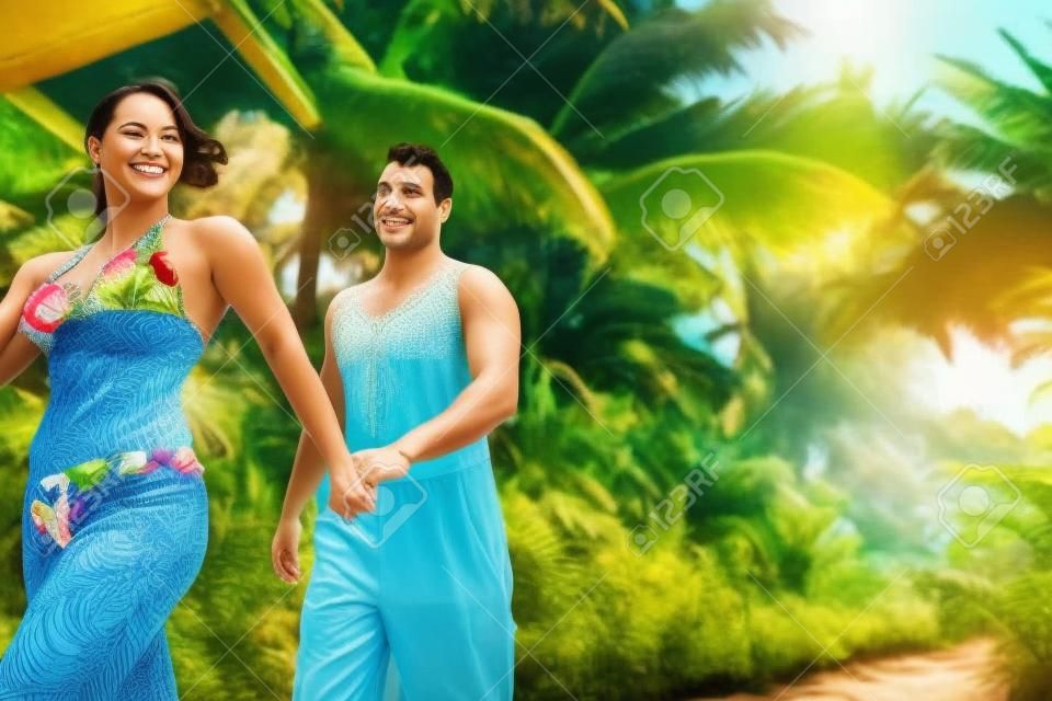 Couple walking on tropical path
