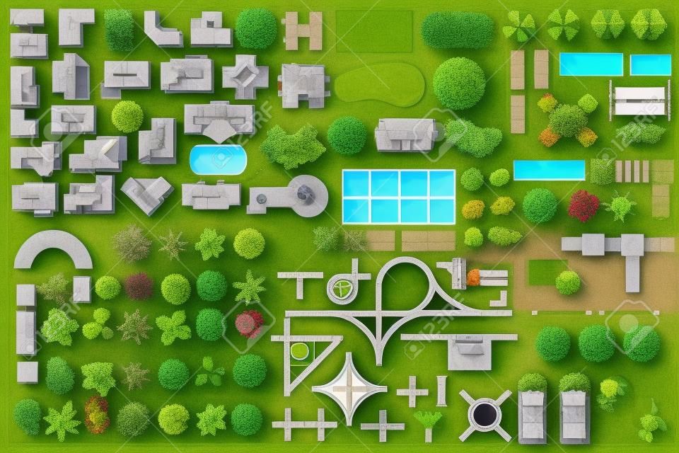 Set Landscape elements, top view. House, garden, tree, lake, swimming pools, bench, road, cars, people. Landscaping symbols set isolated on white