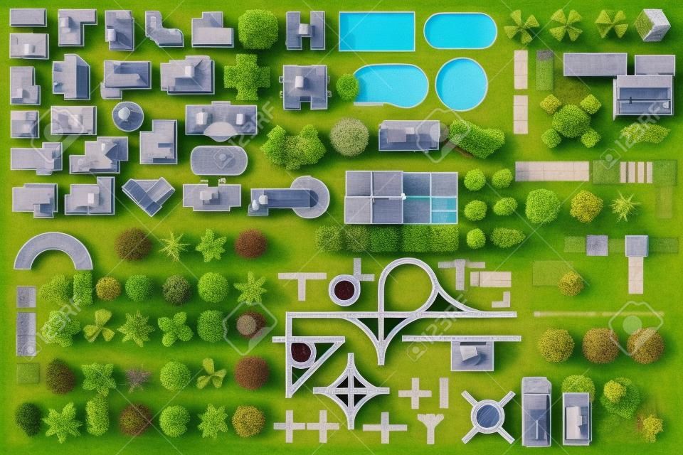 Conjunto de elementos da paisagem, vista superior. Casa, jardim, árvore, lago, piscinas, banco, estrada, carros, pessoas. Símbolos de paisagismo conjunto isolado no branco