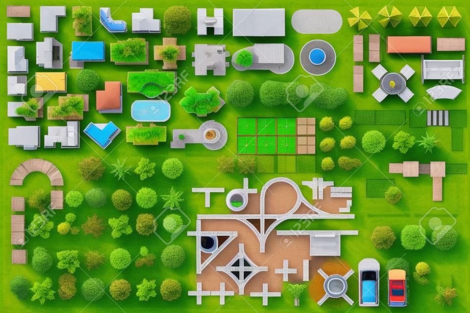 Conjunto de elementos da paisagem, vista superior. Casa, jardim, árvore, lago, piscinas, banco, estrada, carros, pessoas. Símbolos de paisagismo conjunto isolado no branco