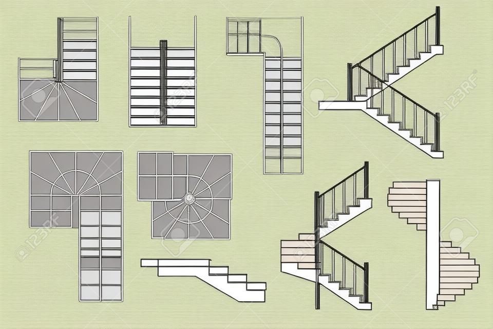 Zapisz pobrany obraz do podglądu rysowania schodów, schodów. . widok z góry i przekrój. zestaw architektoniczny