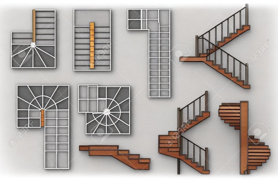 Speichern Bild zur Vorschau herunterladen Treppe, Treppe zeichnen. . Draufsicht und Schnittdarstellung. Architekturset