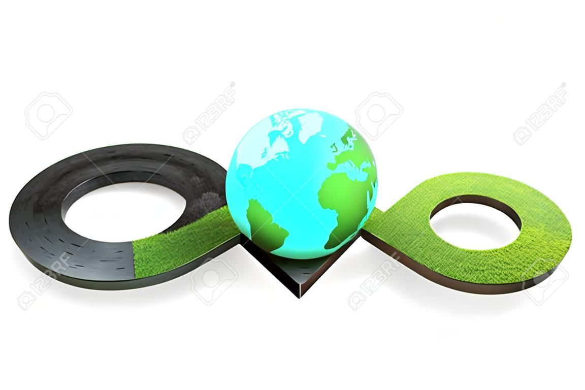 Circular economy concept. Arrow infinity symbol with grass texture and colorful globe, isolated on white background, 3D rendering.