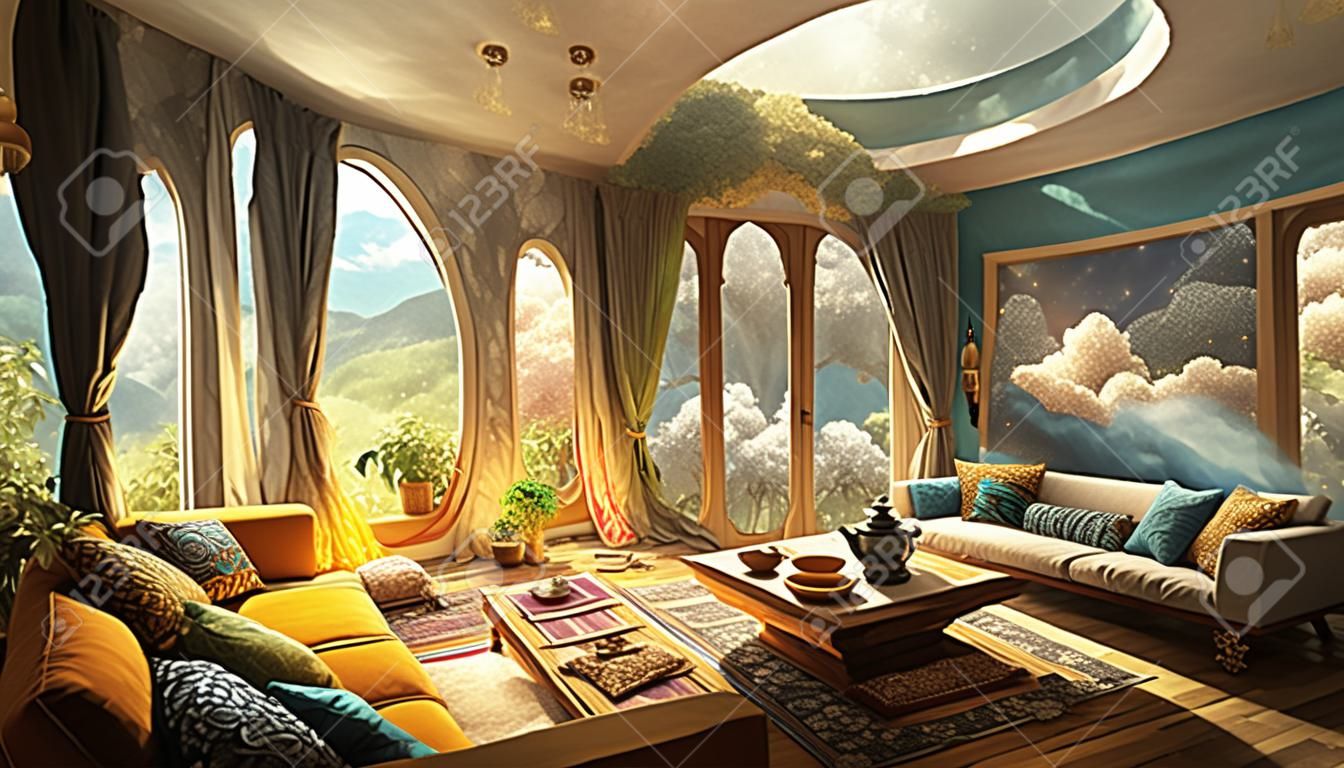 Fantasy living room, abstract interior home, room design. Digital art, printable painting wallpaper