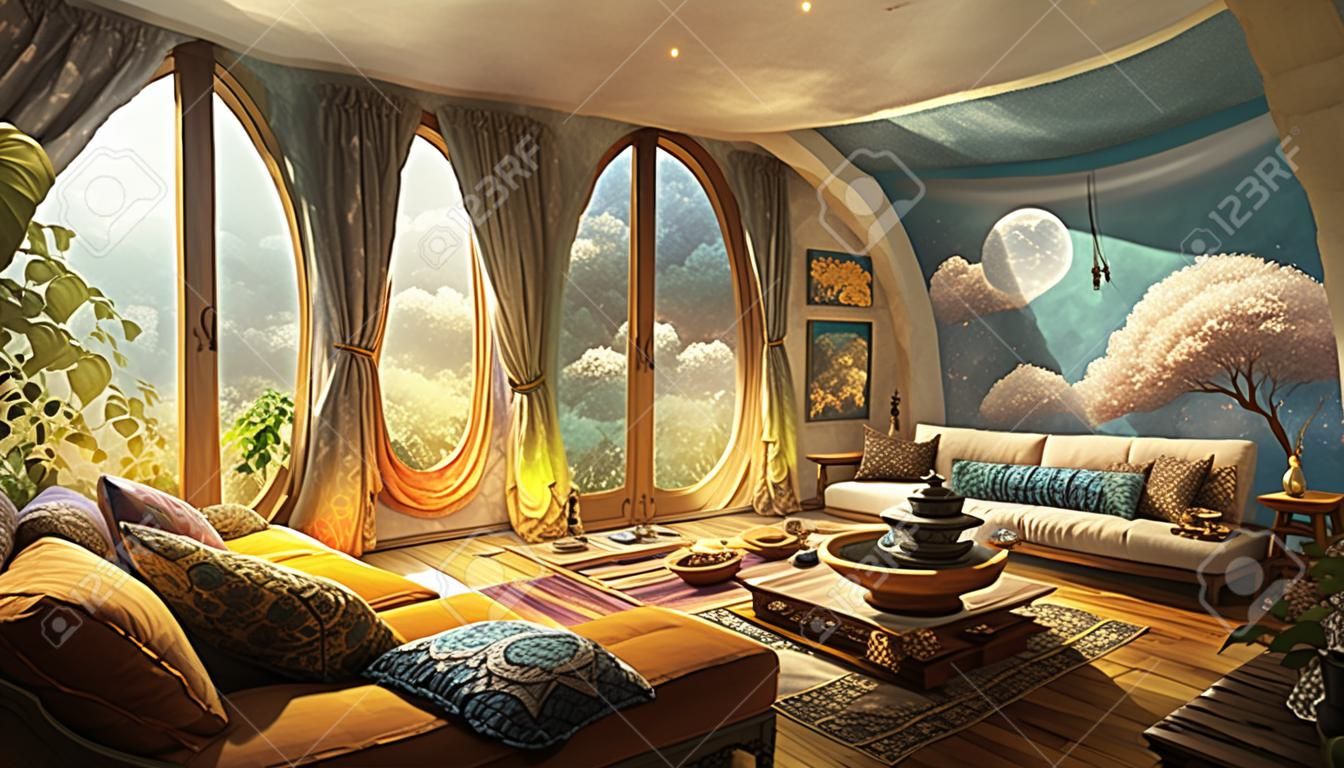 Salón de fantasía, hogar interior abstracto, diseño de habitaciones. arte digital, papel tapiz de pintura imprimible