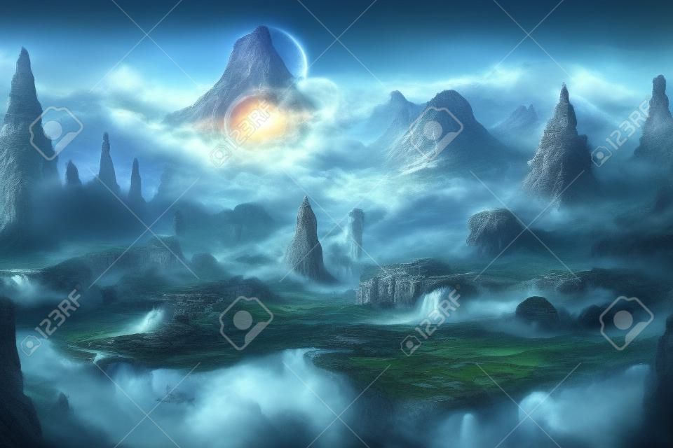 Fantasy landscape, beautiful scenery with mountains, digital illustration, wallpaper or background