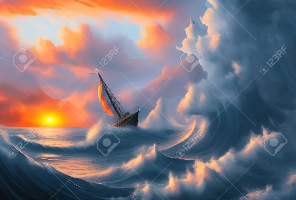 Navio de vela no oceano na tempestade do mar, ondas altas, paisagem marítima, pintura digital, cenário do pôr do sol
