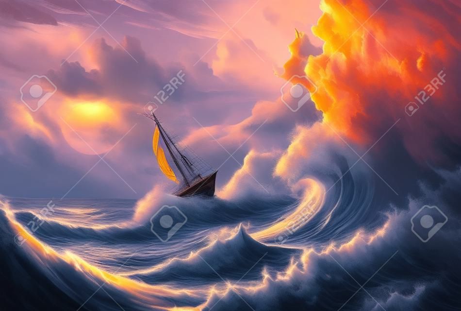 Navio de vela no oceano na tempestade do mar, ondas altas, paisagem marítima, pintura digital, cenário do pôr do sol