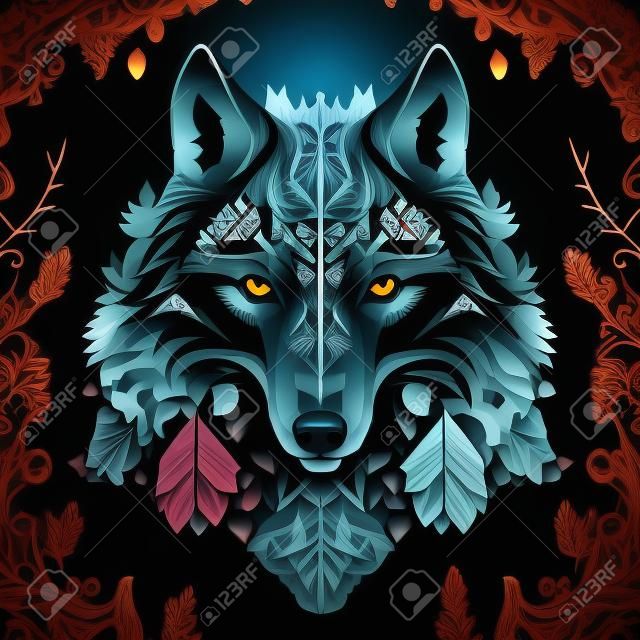 華やかなオオカミのポートレート、ミステリーアート、暗い背景、ウィッカシンボル、動物の顔