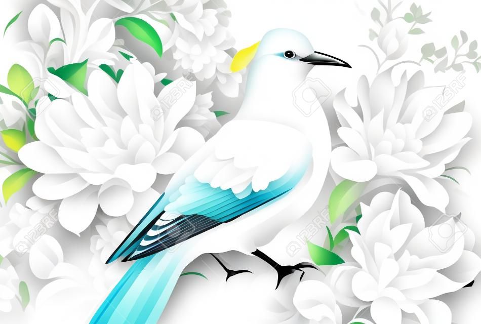 Pássaro branco do paraíso, fundo da flor, papel de parede exótico, close-up, ilustração digital imprimível, ai generative