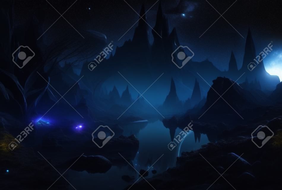Fantasy alien planet paysage nocturne, vue sur la montagne, ciel étoilé et une lune, de beaux paysages sur le lac, ai générative