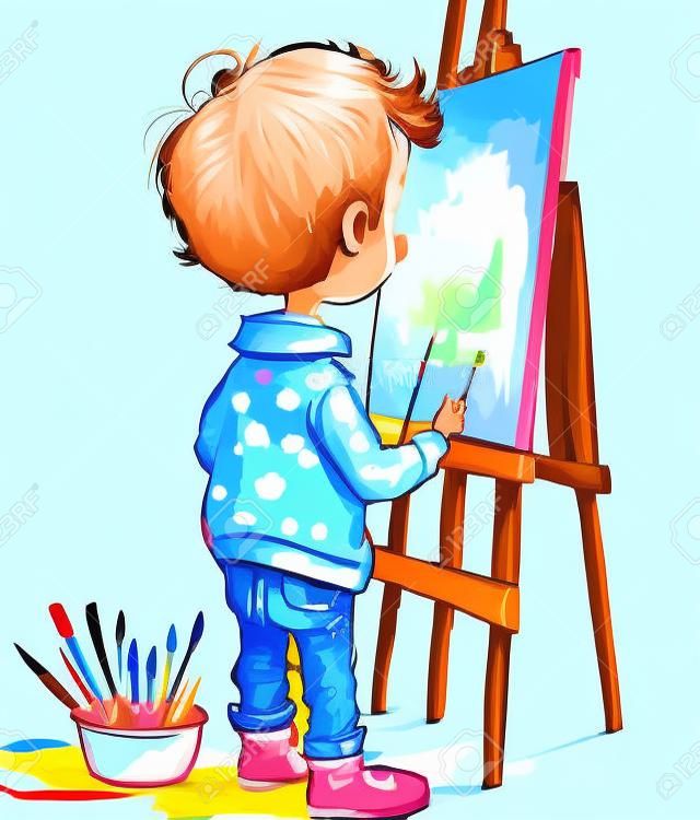 Cute Little Boy Pintando Un Cuadro Sobre Lienzo. Ilustración De