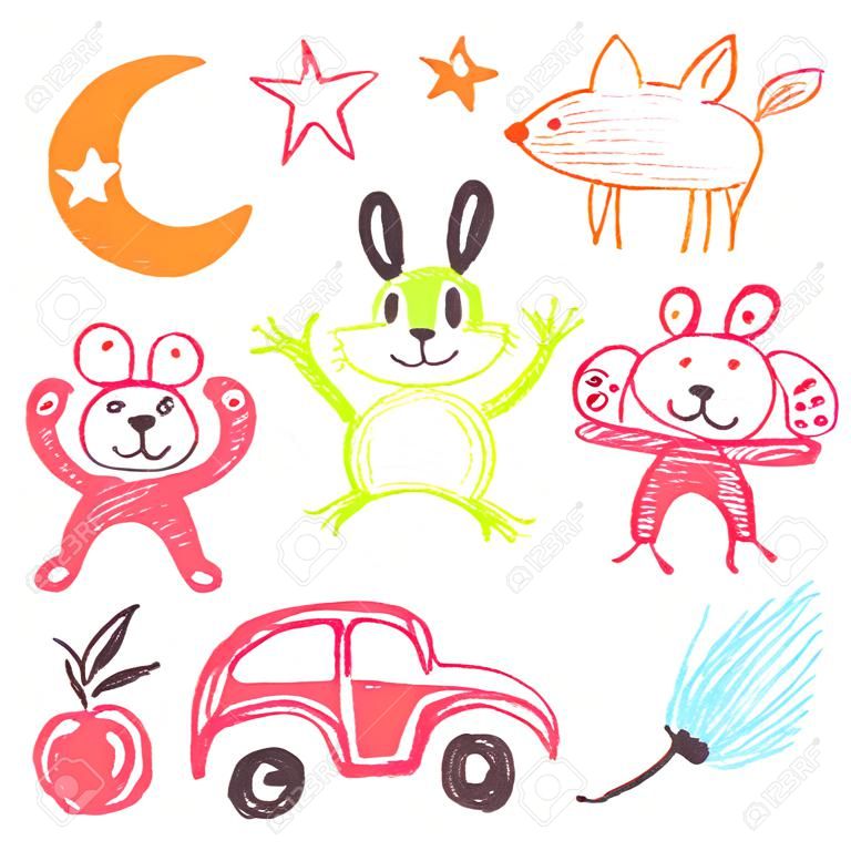 Cute childish drawing with wax crayons on a white background. Pastel chalk or pencil funny doodle style vector. Moon, crab, frog, bear, cat, car