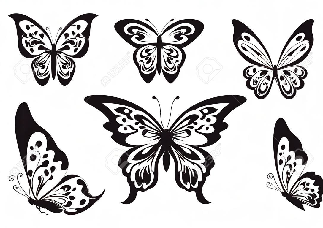 Conjunto de mariposa negro sobre blanco. Ilustración vectorial
