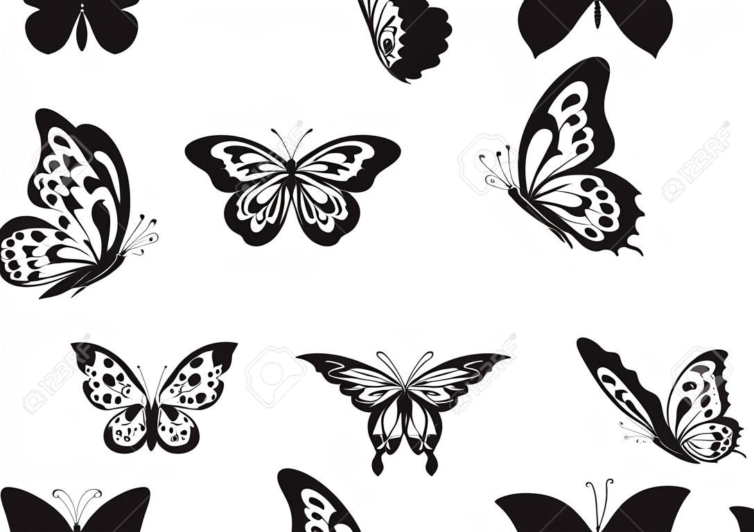 Ensemble de papillon noir sur blanc isolé. Vector illustration