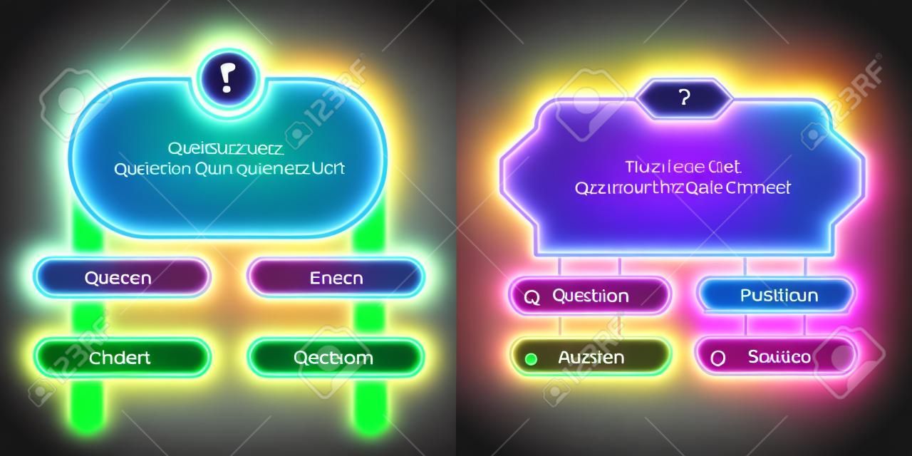Quiz game questions or test menu choice templates with answers, vector background. Quiz game or trivia contest TV show layout with neon answer options in number frames for knowledge quiz quest