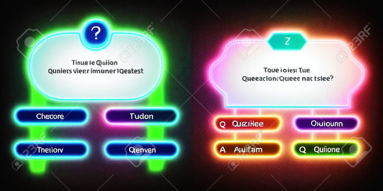 Modelo de jogo de perguntas neon. quatro opções de respostas para o exame  de conhecimento na escola, programa de tv.