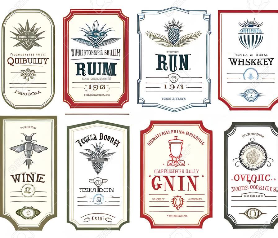 Etichette alcoliche vintage tequila whisky e rum bourbon e gin birra etichette per bottiglie di vino e cognac con ornamenti vettoriali a linea sottile di luppolo di vite ed emblemi di bevande artigianali d'orzo