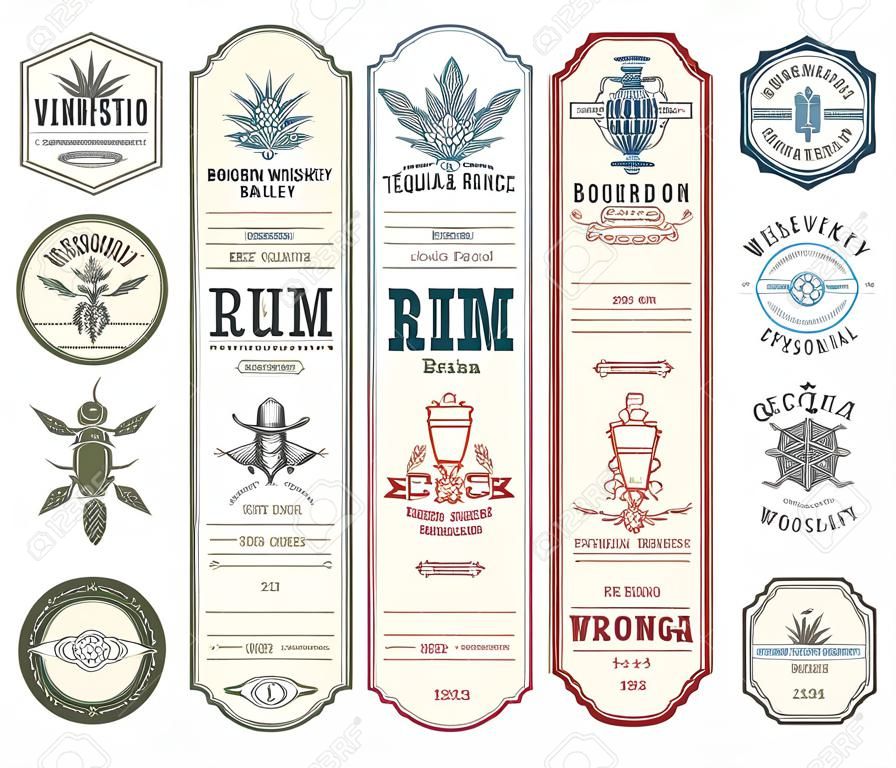 Etichette alcoliche vintage tequila whisky e rum bourbon e gin birra etichette per bottiglie di vino e cognac con ornamenti vettoriali a linea sottile di luppolo di vite ed emblemi di bevande artigianali d'orzo