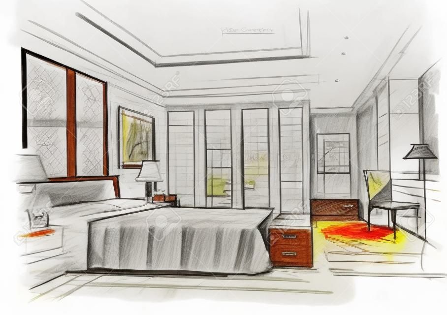 Esbozo interior de esbozo de manos libres de color de pluma y lápiz de un dormitorio