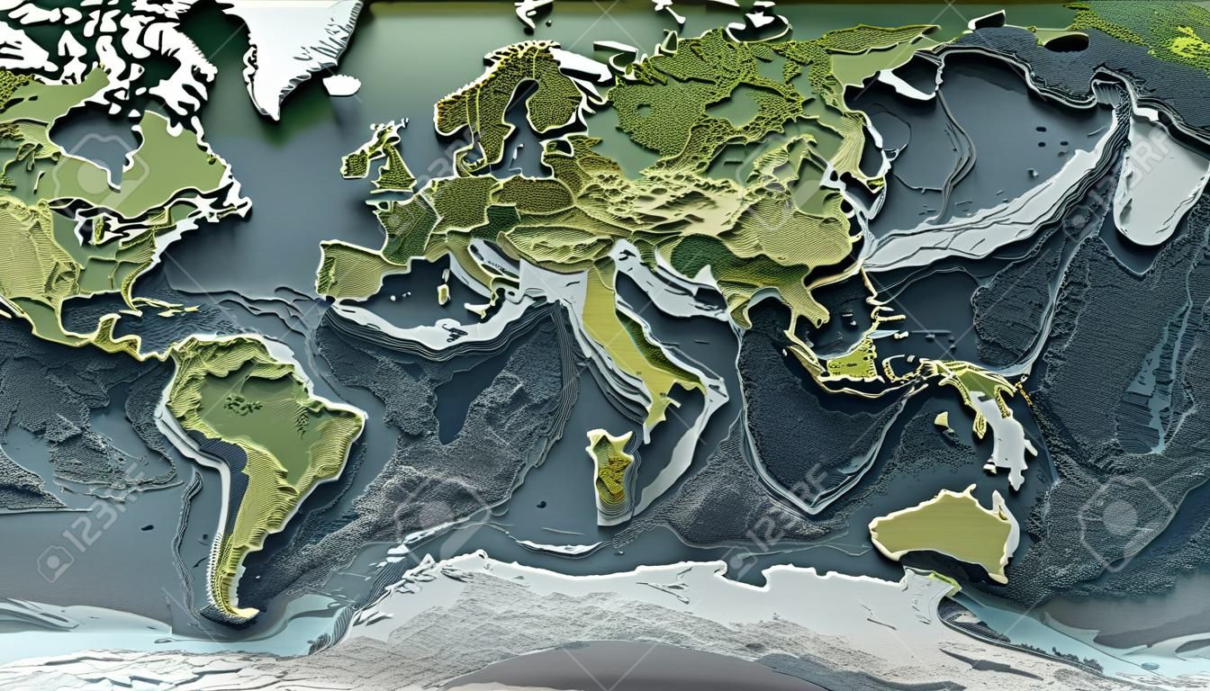 산의 지형 고도와 바다의 깊이와 지구 구호의 3d 인쇄 된 모델