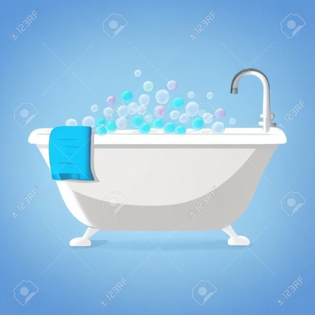 Banheira cheia de bolhas de espuma de sabão com toalha azul em uma ilustração de estilo plano de desenho animado isolada no fundo branco.