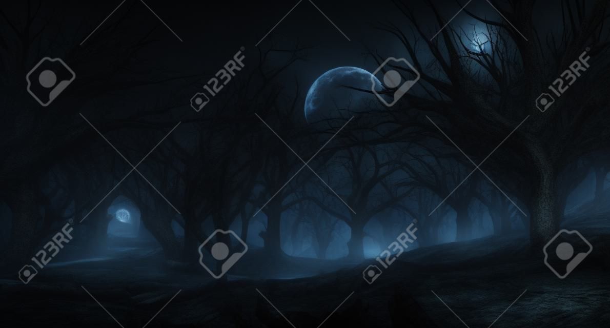 Rendu 3D de forêt sombre enchantée au clair de lune. Paysage fantastique avec des arbres morts séchés sans feuilles. Scène de nuit mystérieuse sombre, fond pour affiche d'Halloween.