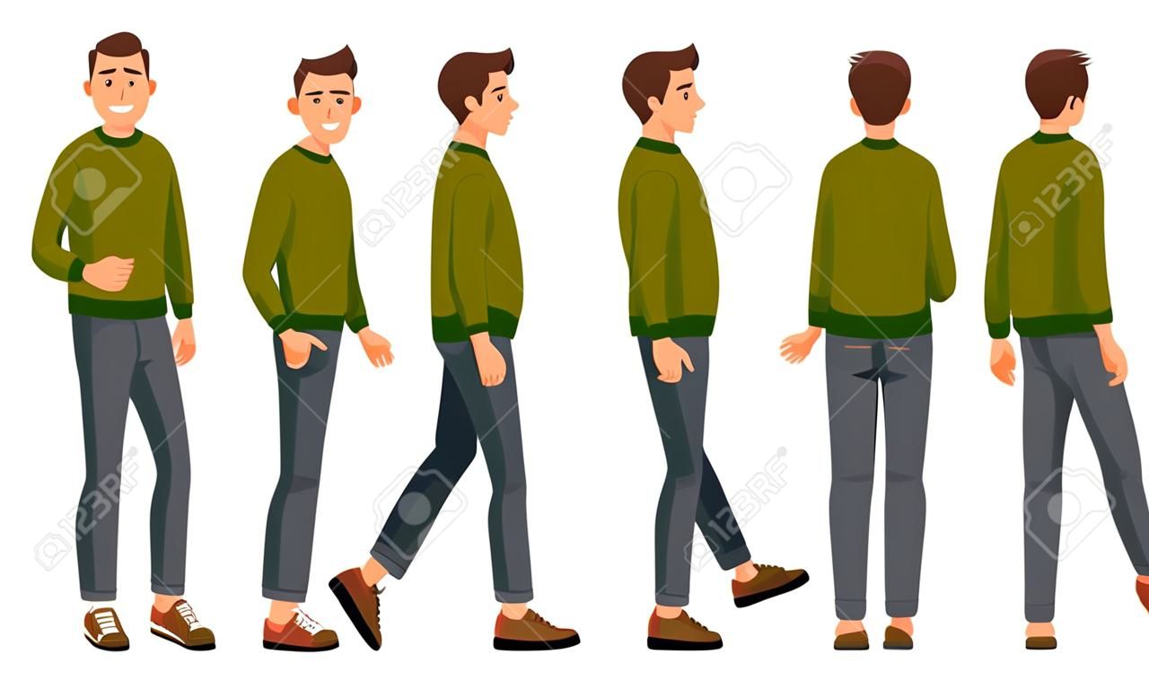 Ilustración de vector de hombres que caminan en ropa casual bajo el fondo blanco. Conjunto de personas realistas de dibujos animados. Hombre joven plano. Hombre de vista frontal, Hombre de vista lateral, Hombre de vista lateral posterior, Vista isométrica.