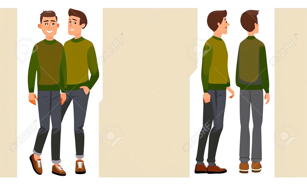 Vector illustration of walking men in casual clothes under the white background. Cartoon realistic people set. Flat young man. Front view man, Side view man, Back side view man, Isometric view.