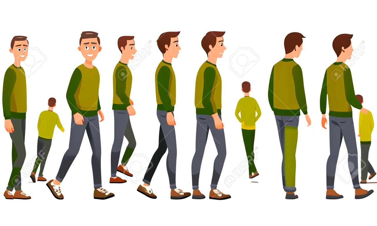 Ilustración de vector de hombres que caminan en ropa casual bajo el fondo blanco. Conjunto de personas realistas de dibujos animados. Hombre joven plano. Hombre de vista frontal, Hombre de vista lateral, Hombre de vista lateral posterior, Vista isométrica.