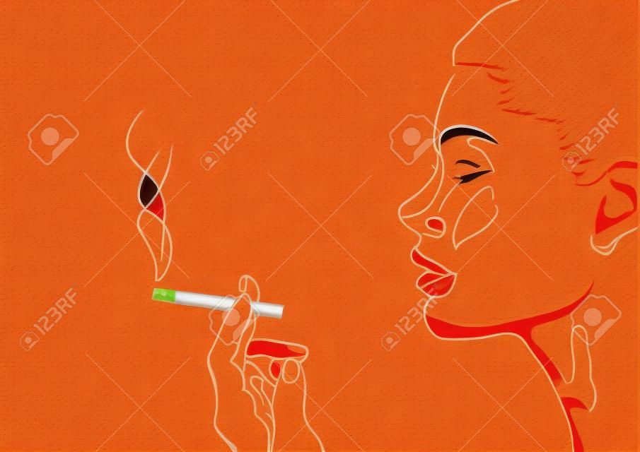 Woman female girl lady person smoke smoking cigarette tobacco hand model face profile. Vector horizontal beautiful bad habit area sign signboard close-up side view illustration beige background