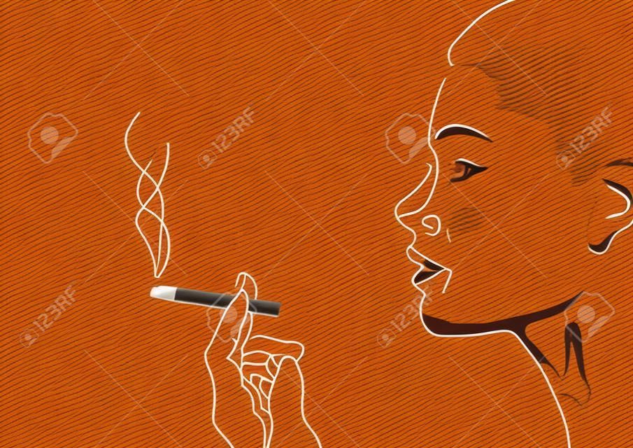 Woman female girl lady person smoke smoking cigarette tobacco hand model face profile. Vector horizontal beautiful bad habit area sign signboard close-up side view illustration beige background
