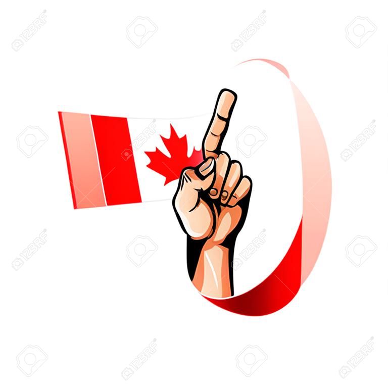 Bandiera del Canada e mano su sfondo bianco. Illustrazione vettoriale.