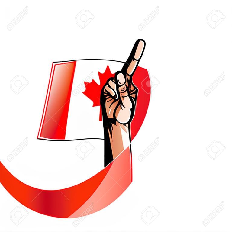 白い背景にカナダの旗と手。ベクターの図。