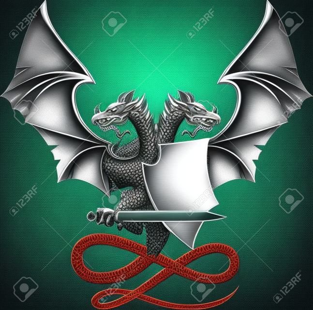 Heraldic composition with dragon, badge and sword.