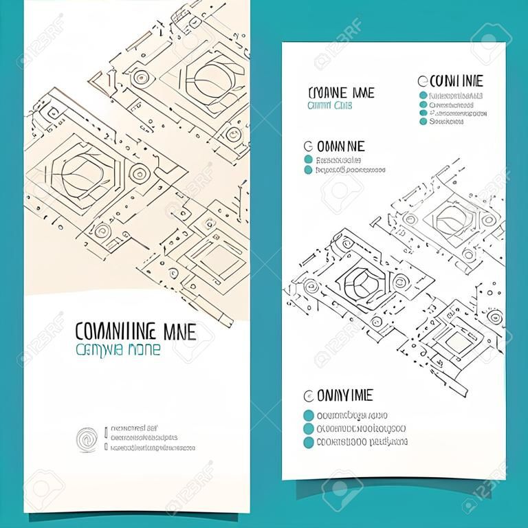 Engineering business cards, flyers, leaflets with the drawings. Blue color. Vector illustration