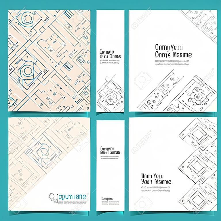 Engineering business cards, flyers, leaflets with the drawings. Blue color. Vector illustration