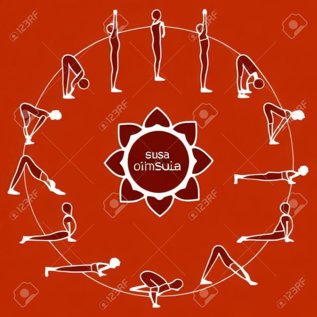 Cycle exercise in yoga sun salutation. Silhouette outline. Asanas. Vector illustration