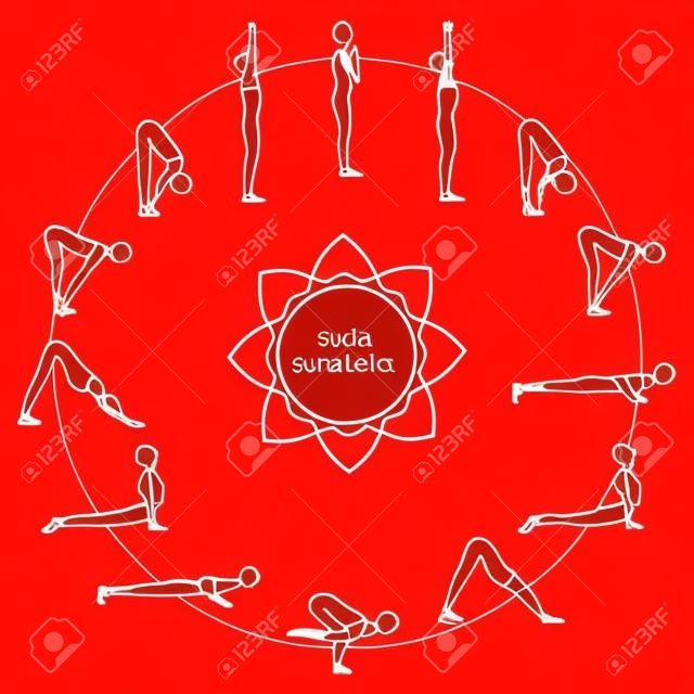 Cycle exercise in yoga sun salutation. Silhouette outline. Asanas. Vector illustration