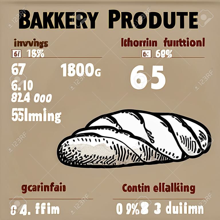 Bakery products, baguette bread infographics. Vector diagrams on wheat and rye dough, sugar, fat and nutrition facts content in percent share, baker and bread baking degree.