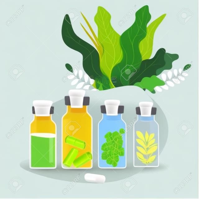 Homeopathy treatment banner, herbal alternative medicine, naturopathic therapy isolated on white vector illustration.