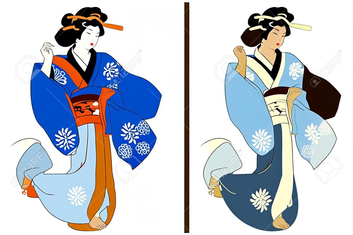 Ukiyo-e piękna kobieta, japońska gejsza w ilustracji wektorowych kimono. japońska sztuka azjatyckiej dziewczyny, urocza kobieta. sukienka w stylu japońskim z okresu edo.