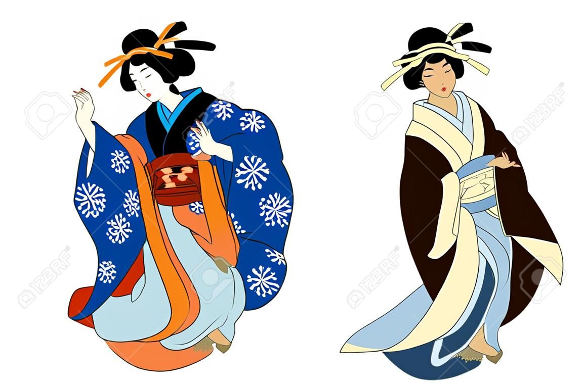 Ukiyo-e piękna kobieta, japońska gejsza w ilustracji wektorowych kimono. japońska sztuka azjatyckiej dziewczyny, urocza kobieta. sukienka w stylu japońskim z okresu edo.