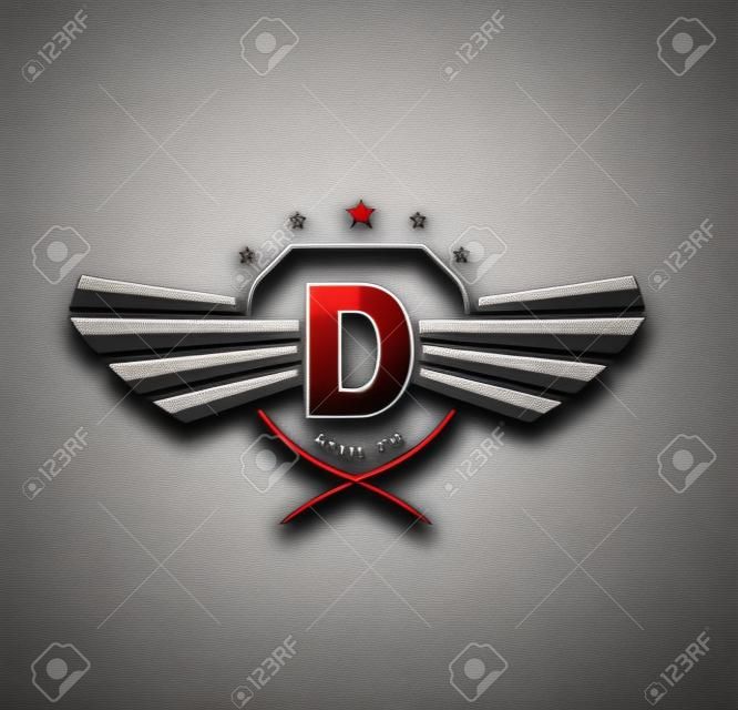 D betű szárnyas címerek logó. Alphabet embléma tervezési koncepció