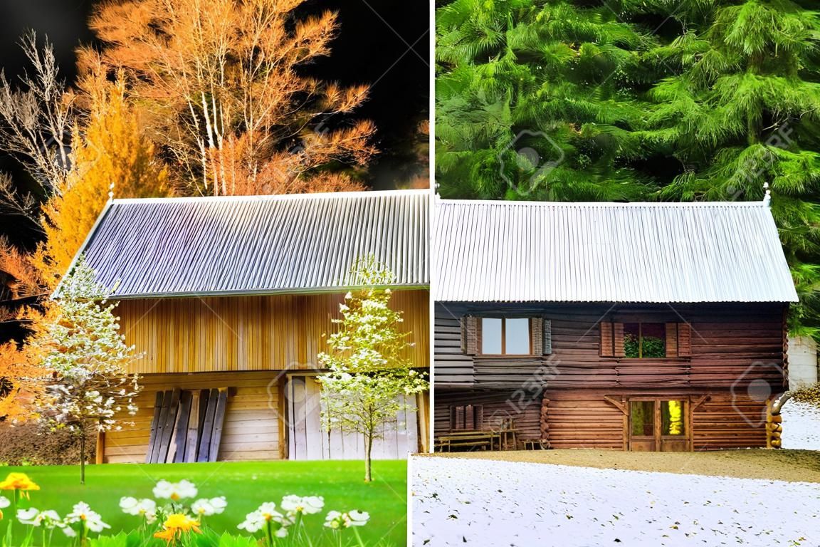 Vier seizoenen op één foto. Het houten huis