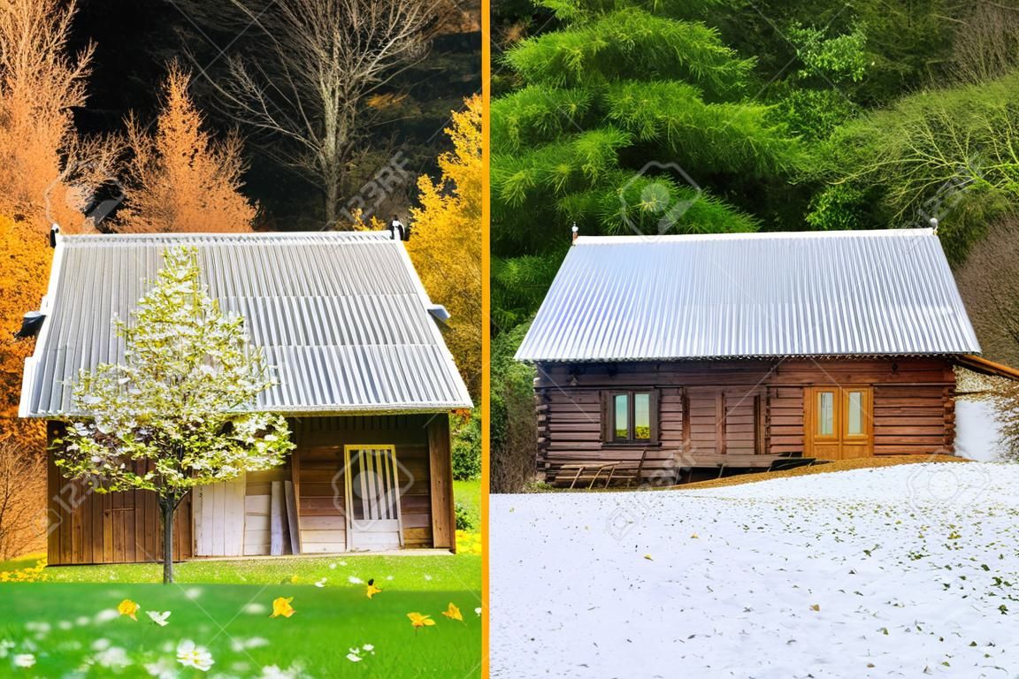 하나의 사진에서 사계절. 목조 주택