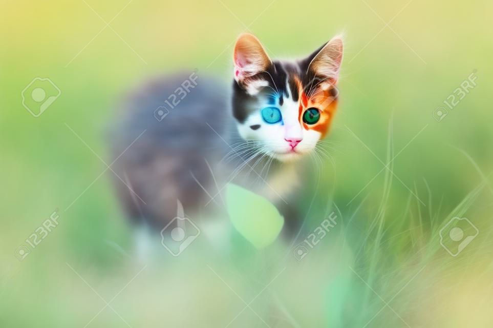 Trójkolorowy młody kot w trawie letniej