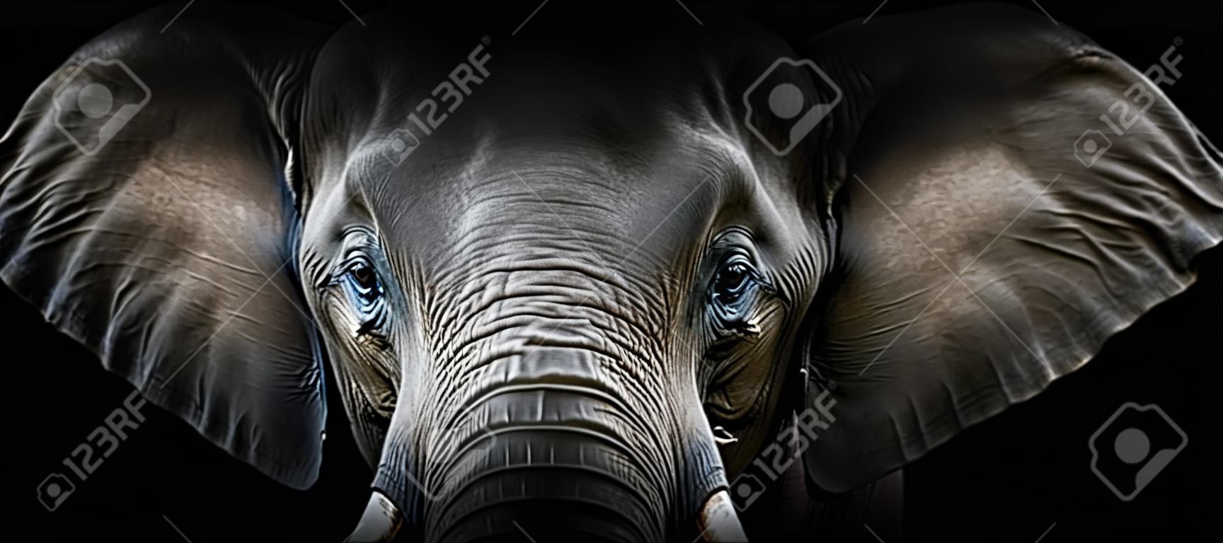 Retrato de elefante sobre un fondo negro. Vista desde la oscuridad